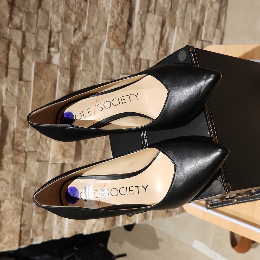 NWT Sole Society Luneira Heels 8.5M Black Leather Pointy Toe 3.5" Pump S…